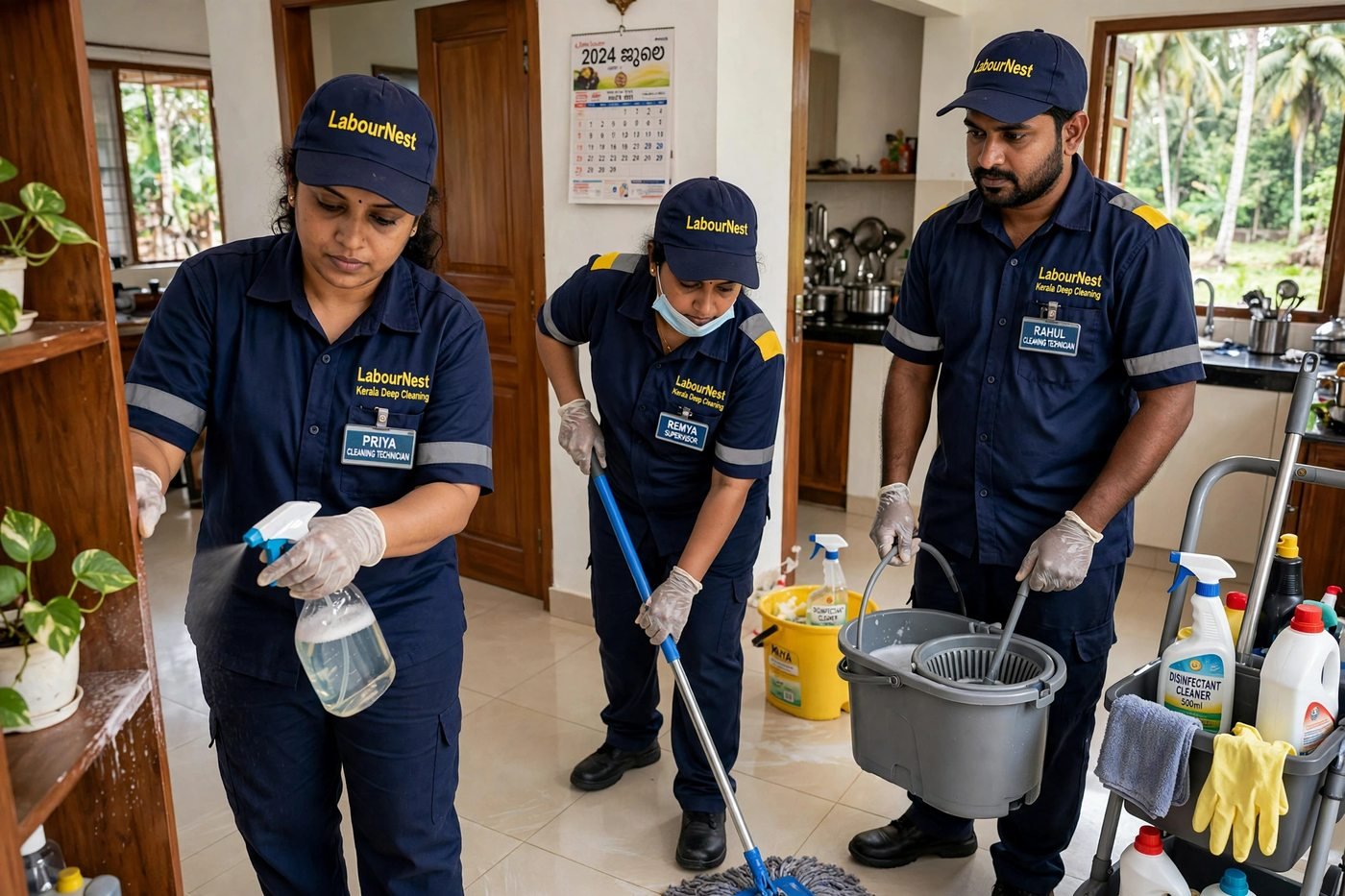 Labour Nest cleaning team at work in a Kerala home